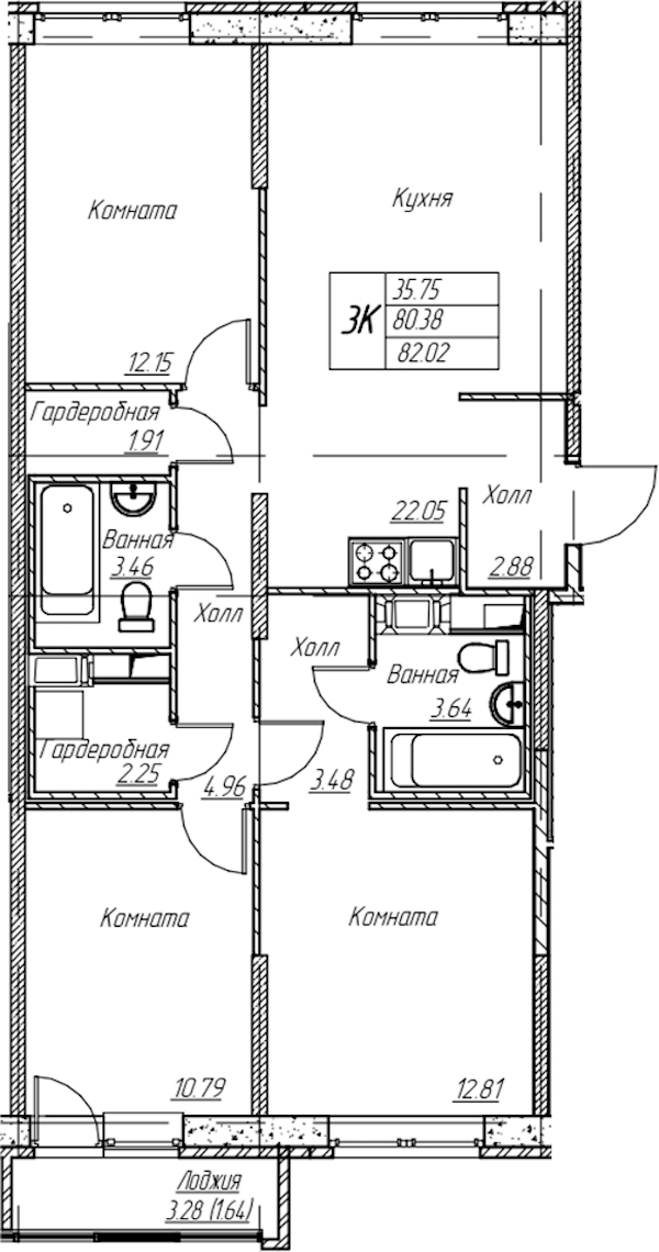 3-комнатная квартира 82.02 м², 6/22 эт., ЖК «Парк-квартал Юнтолово»